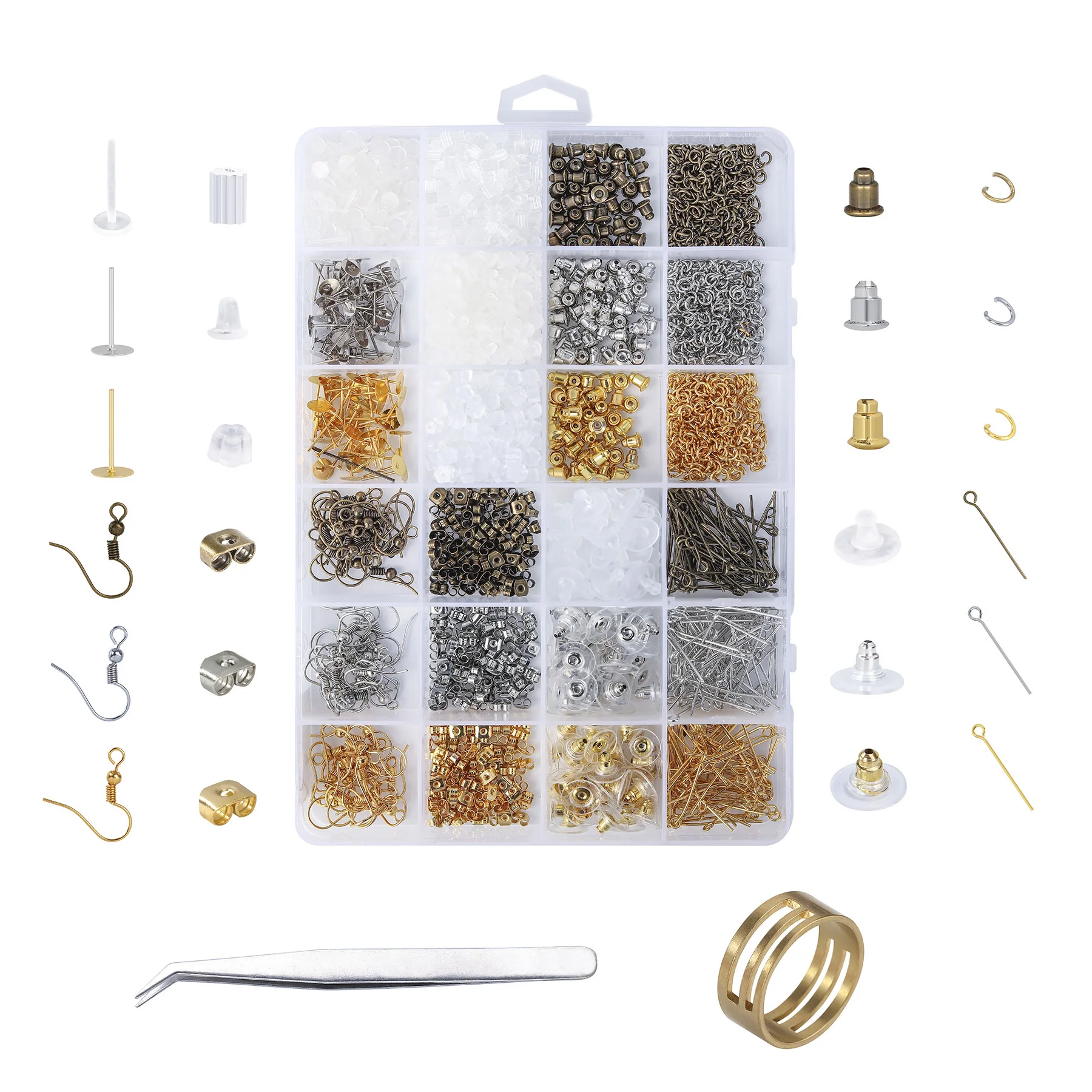 

Metal accessories box combination suit opening ring lobster clasp eyepin silica gel ear plug clip, ring and butterfly clasp