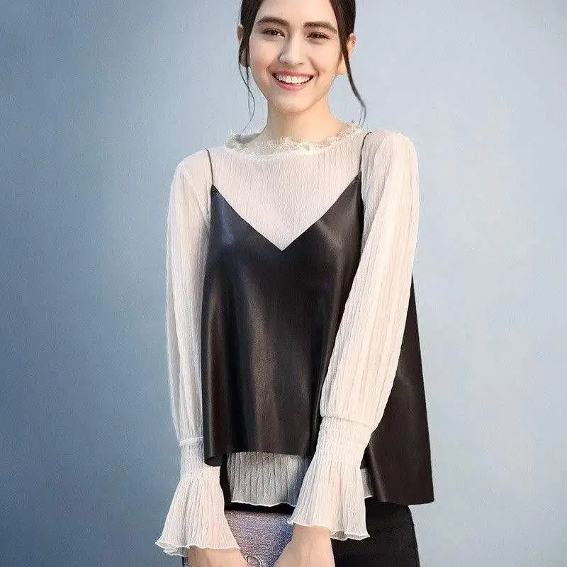 Женский кожаный жилет на бретельках асимметричный Свободный с V-образным вырезом