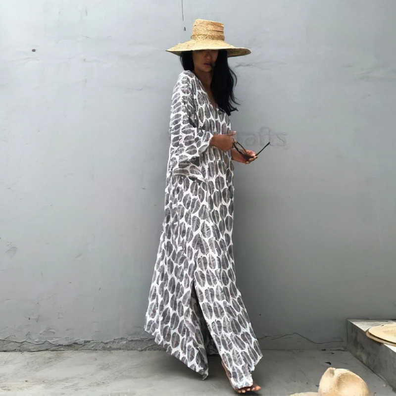 Женское платье-кафтан длинное пляжное платье в стиле бохо с принтом листьев |