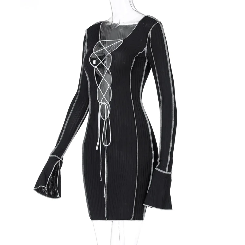 

Sexy Flare Dress Summer Autumn Winter V-Neck Tie Bodycon Dresses Ladies Streetwear Vestidos De Mujer Casual Robes Femme 2021