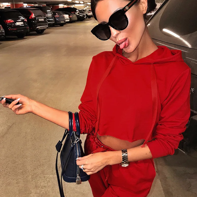 Красный комплект из 2 предметов женские комплекты зимняя одежда худи укороченный