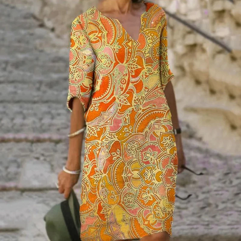 

Vintage Printing Women Dress V-Neck Half Sleeve A-Line Dresses Casual 2021 Fashion Spring Female Loose Sundress Lady Vestidos