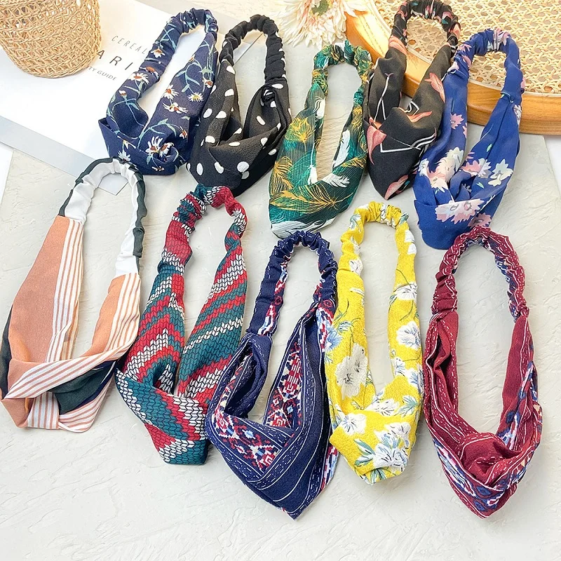 

New Women Retro Crossed Sports Elastic Headband Wide Print Hairband Bandeau Fashion Hair Accessories