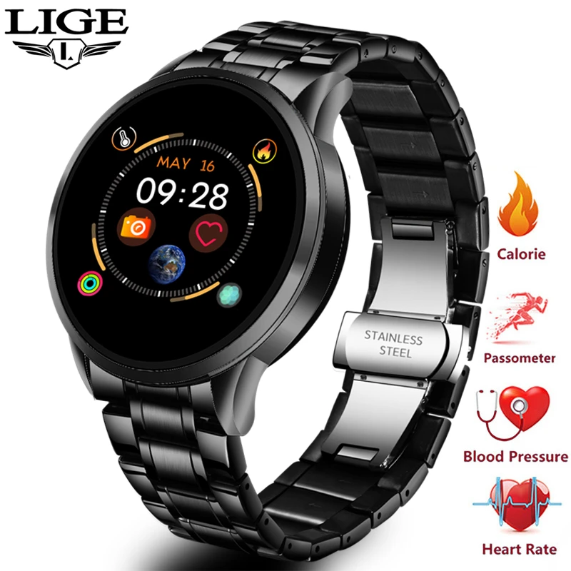 2020 LIGE Модные мужские наручные часы со стальным ремешком шагомер с экраном