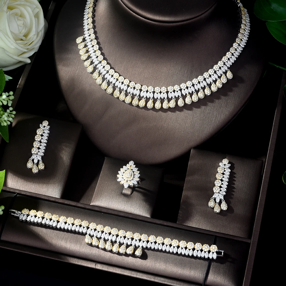 HIBRIDE винтажные Дубаи 2 оттенка искусственный фианит свадебные серьги и ожерелье