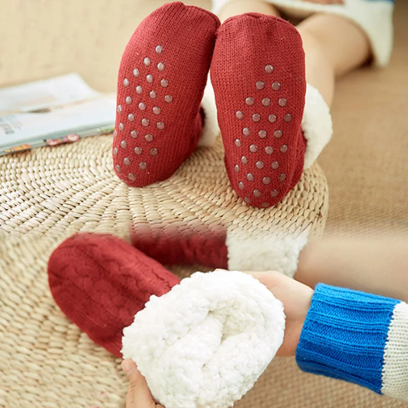 toivotuksia autumn winter thicken plush knitted cotton socks women non slip home floor socks warm mid calf hosiery for house sli free global shipping