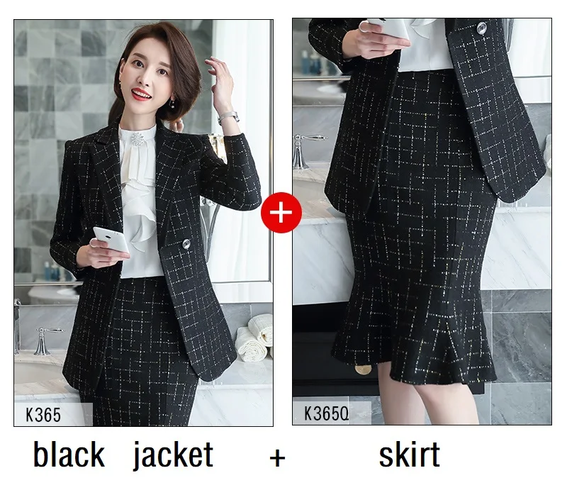 black jacket skirt Женские костюмы Тонкая зимняя клетчатая куртка труба/Русалка юбка комплект из 2 предметов OL формальные женские юбочные костюмы женский комплект костюмы 365 - Цвет: black jacket skirt