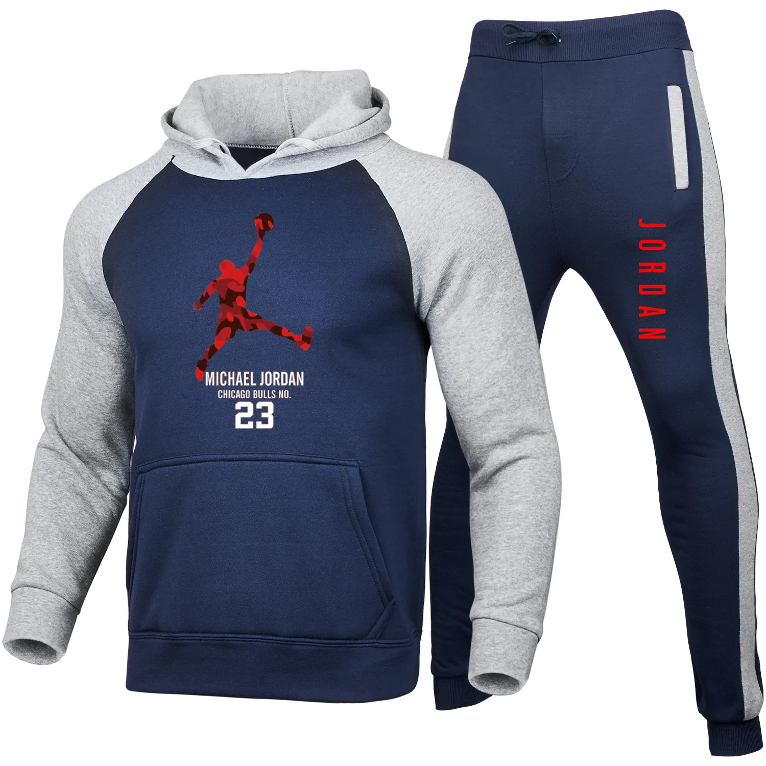 

Men's 2-piece autumn and winter warm printing sportswear hoodie + running pants pullover sportswear casual suit streetwear