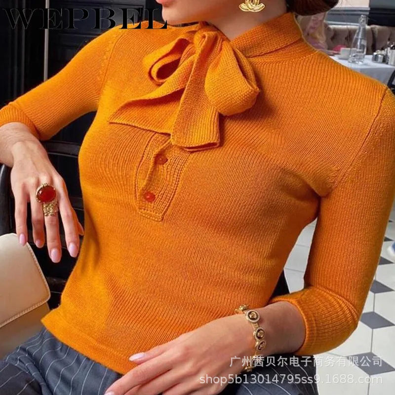 

Mandylandy Women Skinny Knitted Shirt Top Sweater Lady Elegant High Elastic Long Sleeve Bow Tie Neck Knitwear Stretch Outwear