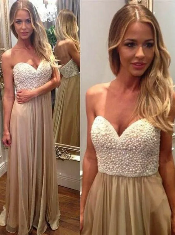 

Women's A-Line Long Pearl Champagne Prom Dresses Pleated Chiffon Corset Back Sweetheart Robe De Soiree Formal Party Dresses