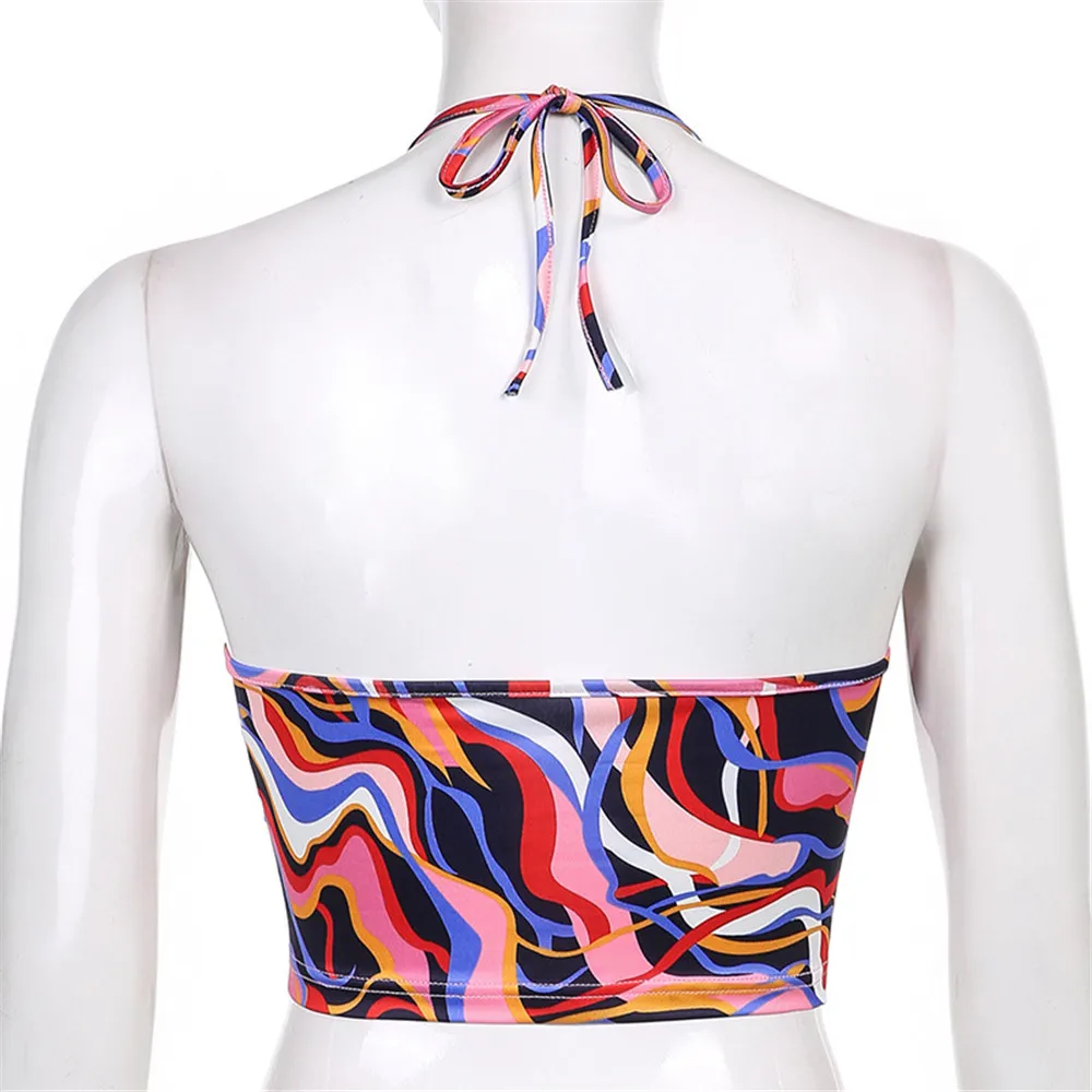 

Women Abstract Halter Bandage Tops Sexy Slim Backless Artistic Water Ripple Crop Top Club Vest Y2k Tank Girl Outfits 2021