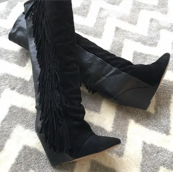 

Sexy Ladies Real Suede Leather Tassel Wedges High Heels Knee Boots Women Pointed toe Runway Shoes Ladies Fringed Knight Boots