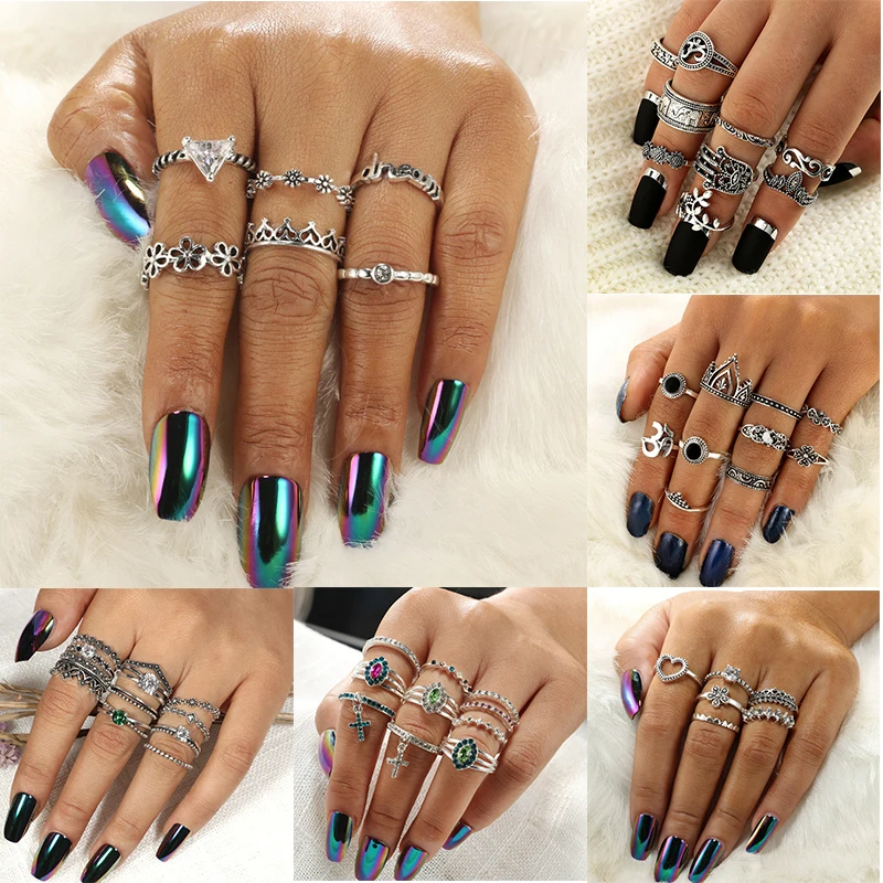 Новый палец серебряного цвета кольцо набор свадебные винтажные полые кристаллы