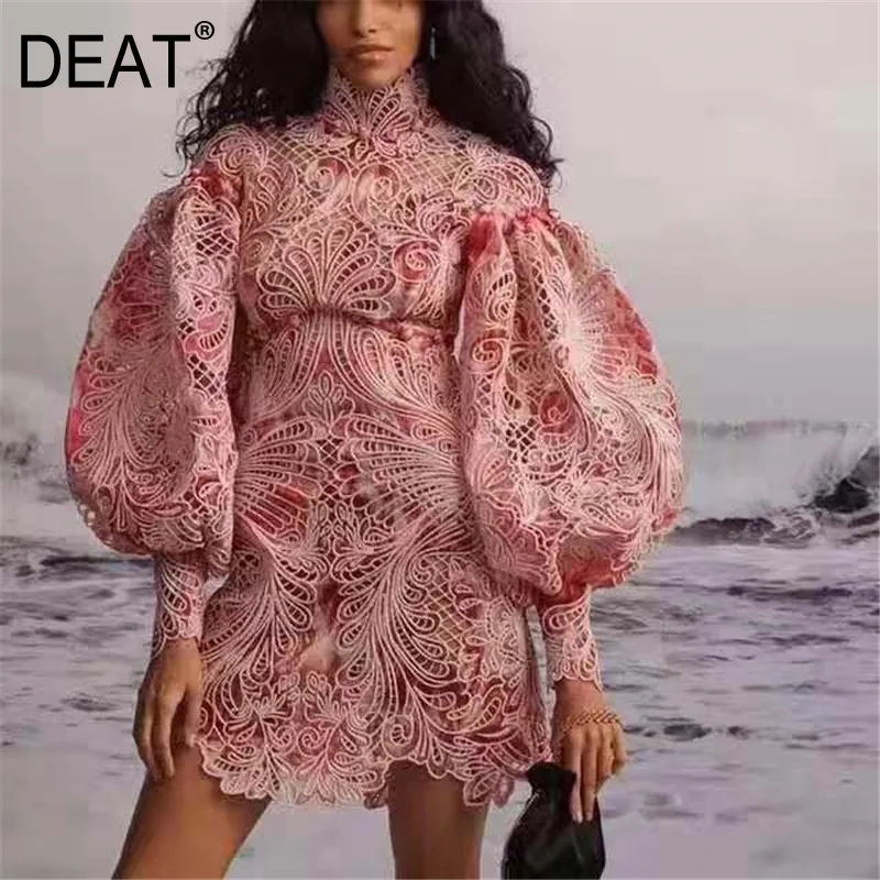 Женский кружевной пуловер с высокой талией DEAT ажурный воротником стойкой и