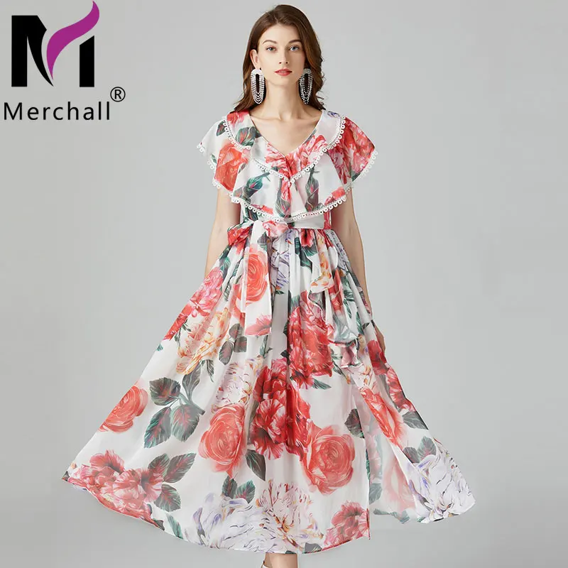 

Merchall Summer Holiday Chiffon Lace Patchwork Bow Sashes Long Dress Woman Rose Floral Print V Neck Ruffled Maxi Dresses M7394