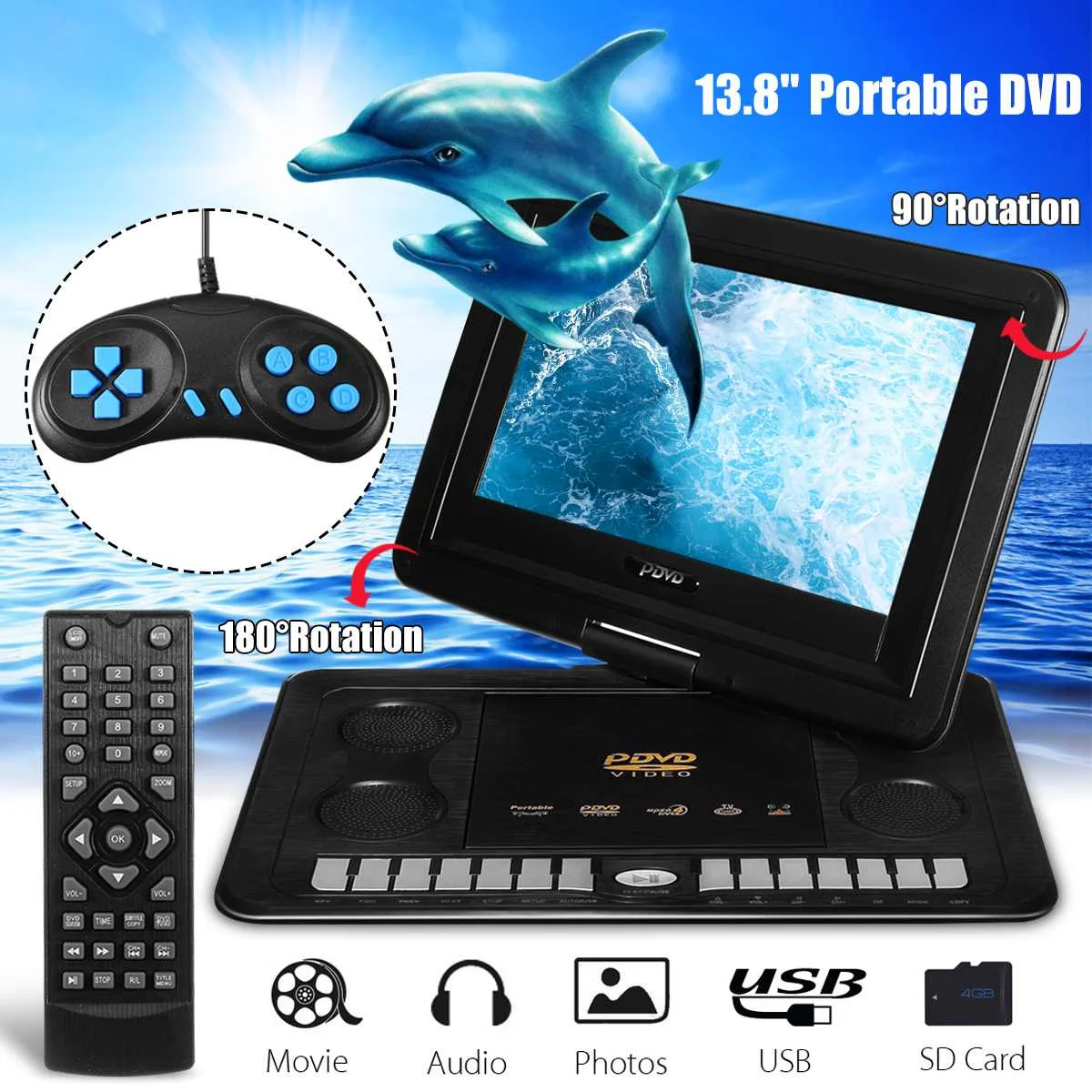 

Портативный DVD-плеер 13,8 "для дома и автомобиля, VCD CD mp3-плееры, вращающийся на 270 ° экран, перезаряжаемый USB SD мультимедийный игровой плеер