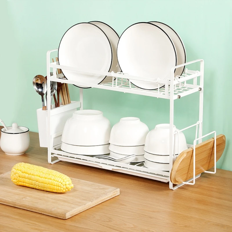 

Dish Drying Rack 2-Tier Metal Dish Drainer with Utensil Cutting Board Holder