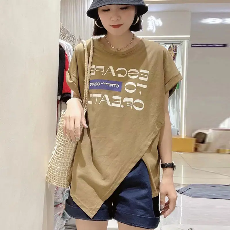 

Women T-Shirt Round Neck Cotton Tees Fork Short Sleeve Casual Summer Letter Printing Asymmetric Tops Ladies Loose Femme Clothes