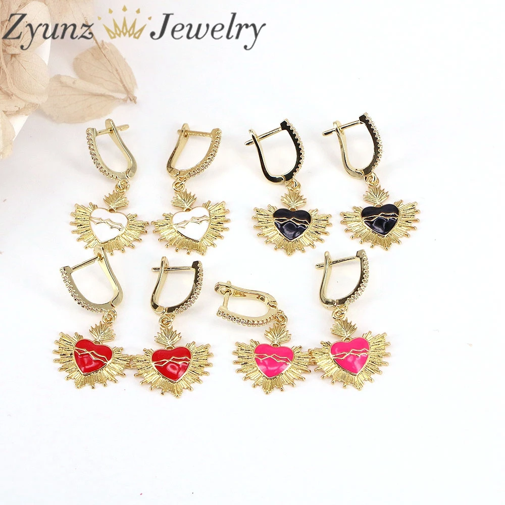 

4 Pairs, Heart Earrings, GOLD Color Heart earrings, Colorful Enamel Earrings, Heart with Beat Earrings