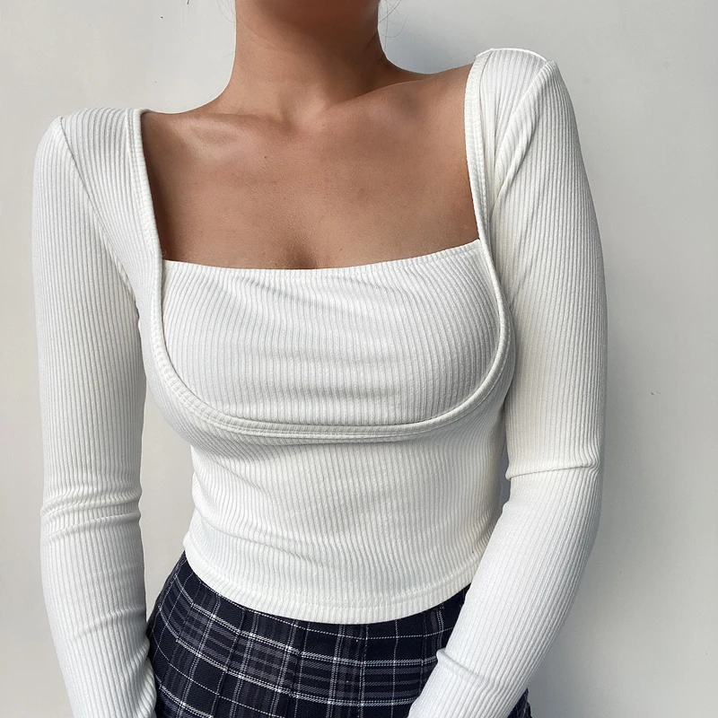 

Women Square Neck Long Sleeved Crop Top In Chunky Rib