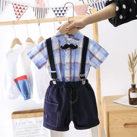 summer toddler boy childrens clothing plaid shirt short sleeve denim suspenders shorts 2pcs kids boy sets