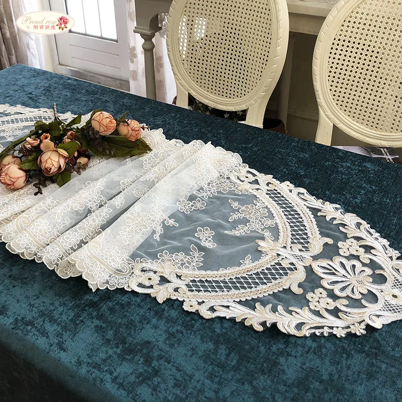 

Proud Rose Lace Yarn Table Runner Romantic Hotel Table Bed Flag Embroidery Cover Towel Tea Table Cloth Clear TV Cabinet Towel
