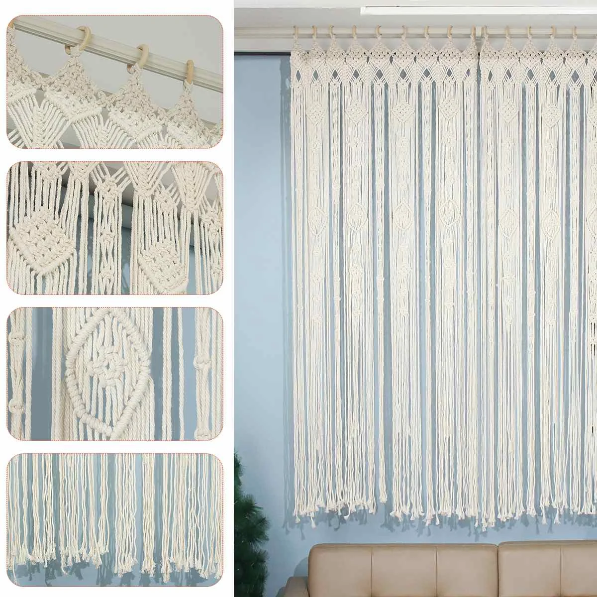 Tapiz bohemio hecho a mano, cortina r&uacute;stica de macram&eacute; para boda, tel&oacute;n colgante de pared artesanal, tel&oacute;n de fondo de algod&oacute;n Vintage para fiesta, decoraci&oacute;n del hogar, regalos de EE. UU.-2