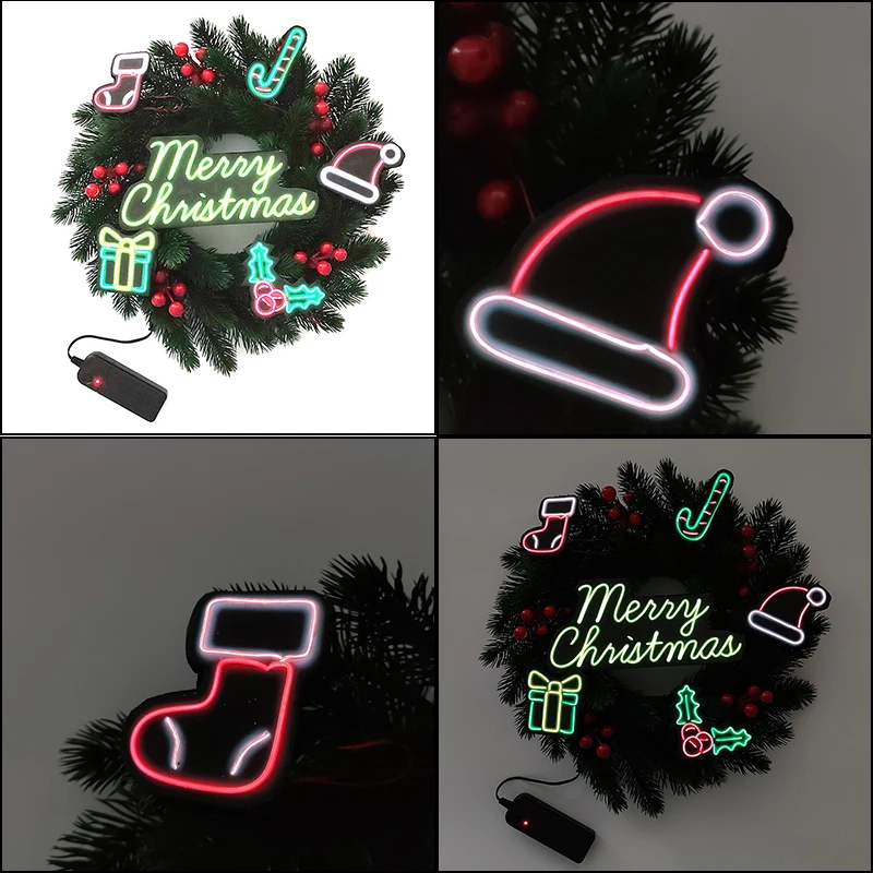 

35CM GlowingChristmas Wreath Arrangement Christmas Ornament Christmas Wreath With Neon Light Home Front Door Hanging Garland