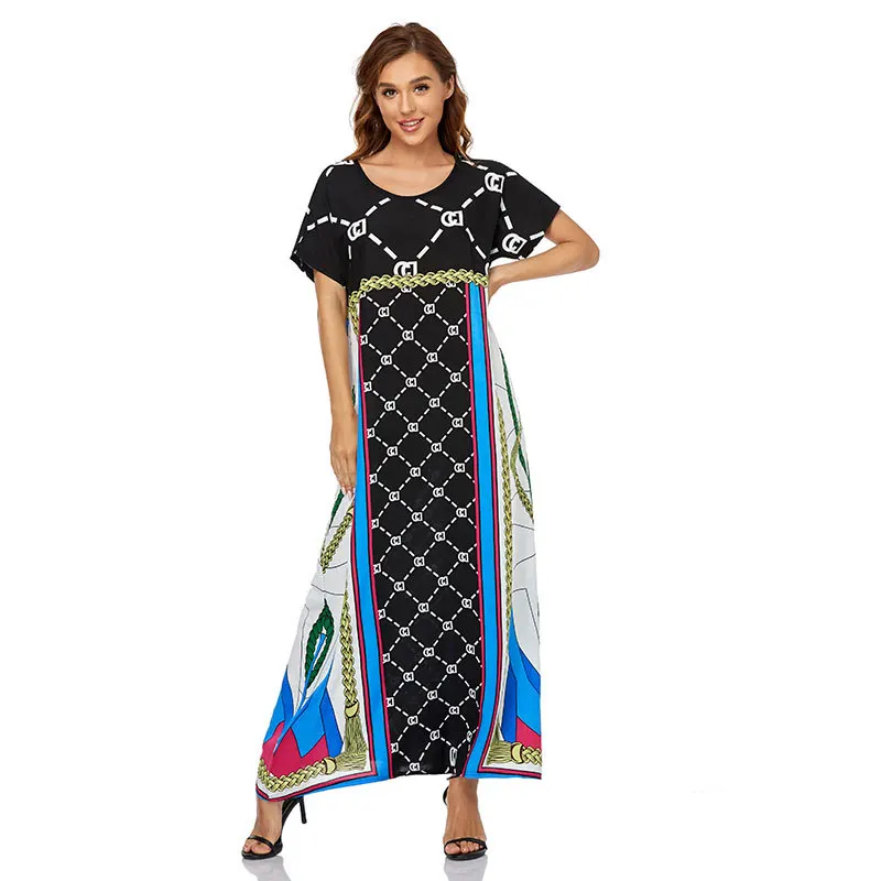 

Summer Women Muslim Robe Long Maxi Dress Loose Short Sleeve Print Female Middle East Dubai Dress Abaya