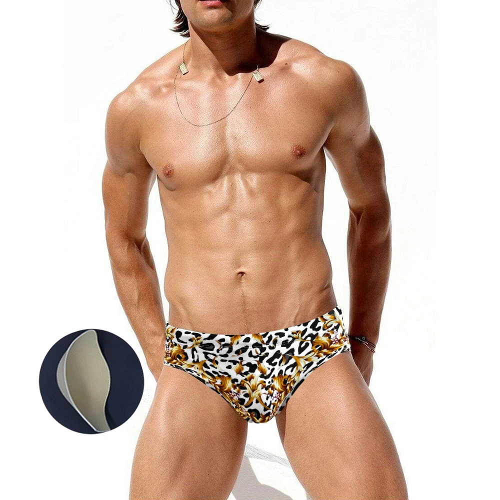 

New Men's Swim Trunks With Push Pads Fashion Print Bikini European American Sexy Low Waist Swimwear Summer Beach Surfing Sports