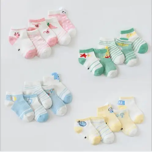 

0-5Year 5Pairs spring and summer new mesh breathable children's short tube socks cute cartoon thin baby socks