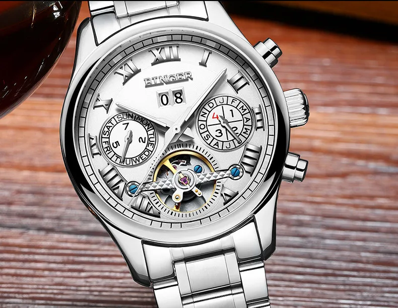 Швейцарские Бингер мужские часы люксовый бренд Tourbillon сапфир светящиеся несколько функций механические наручные часы B8602-7