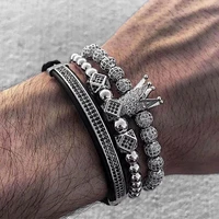 3pcsset fashion men bracelet new crown inlaid zircon weave beads classic trendy male bangle for women charm bracelets jewelry