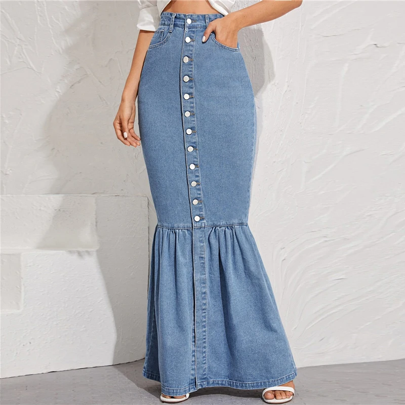 SHEIN, синяя джинсовая юбка макси с пуговицами спереди, рыбий хвост, Женская Осенняя юбка с карманами, высокая талия, вечерние, повседневные, облегающие, облегающие, Юбки Русалки
