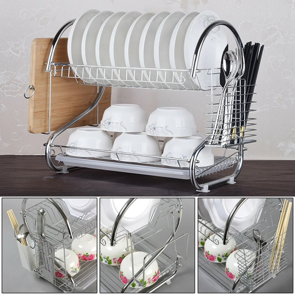 

Stainless Steel Dish Drain Rack Double Layer Storage Stand Practical Kitchen Storage Shelf for Home (Silver)