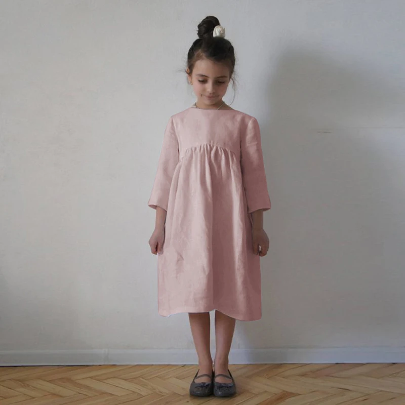 

Детское платье с бантом из хлопка и льна, Новинка весна-осень 2020, однотонное платье для девочек с рукавом три четверти TZ43