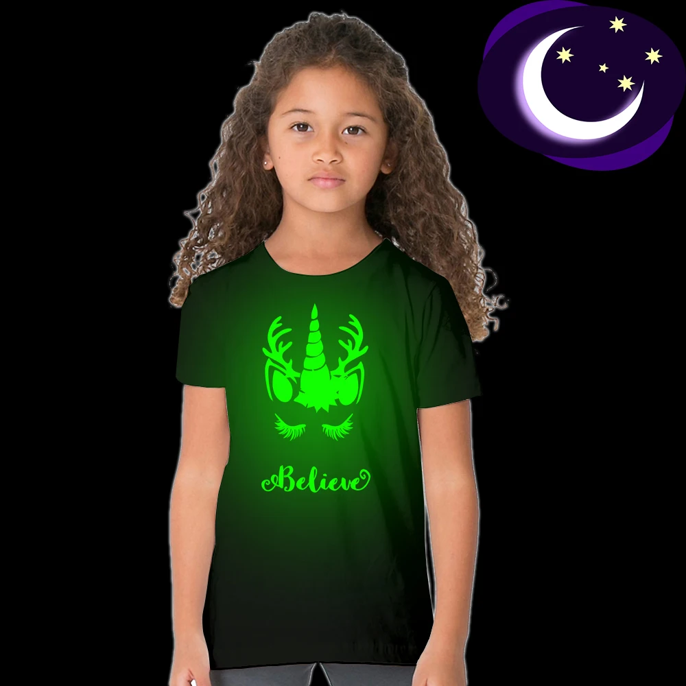 Модные светящиеся футболки для девочек одежда с принтом единорога детей