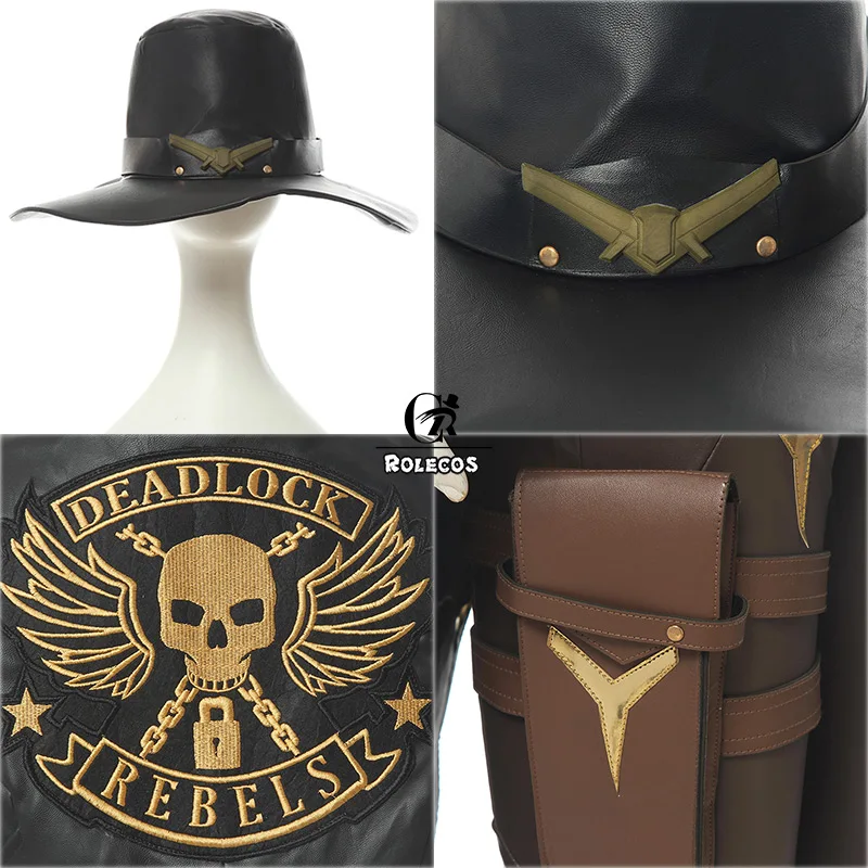 ROLECOS над игрой часы Эш Косплей Костюм OW Ashe елизания Каледония Косплей униформа для женщин полный набор шляпа перчатки
