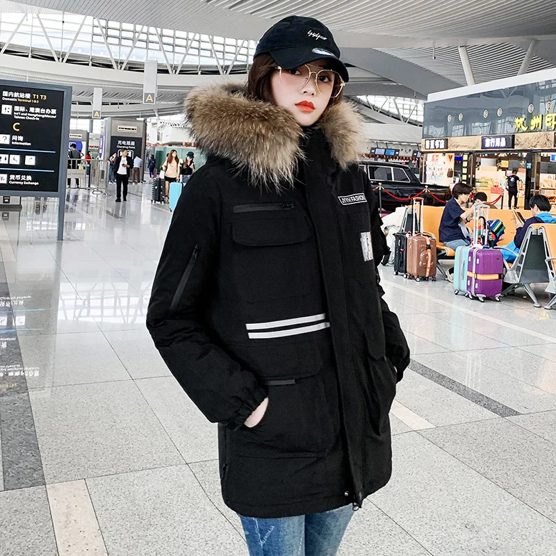 Cotton Long Print With Hooded Fur Thick White Vintage 2021 New Fashion Winter Women Style Jacket England Style Parkas Coat