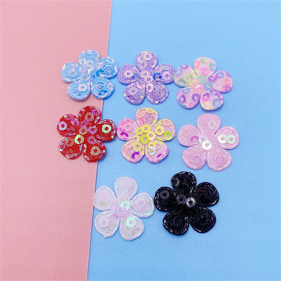 

50Pcs/Lot Colored Sequin Flower Padded Appliques For Craft Clothes Sewing Supplies DIY Hair Clip Hat Bag Accessories Decorations