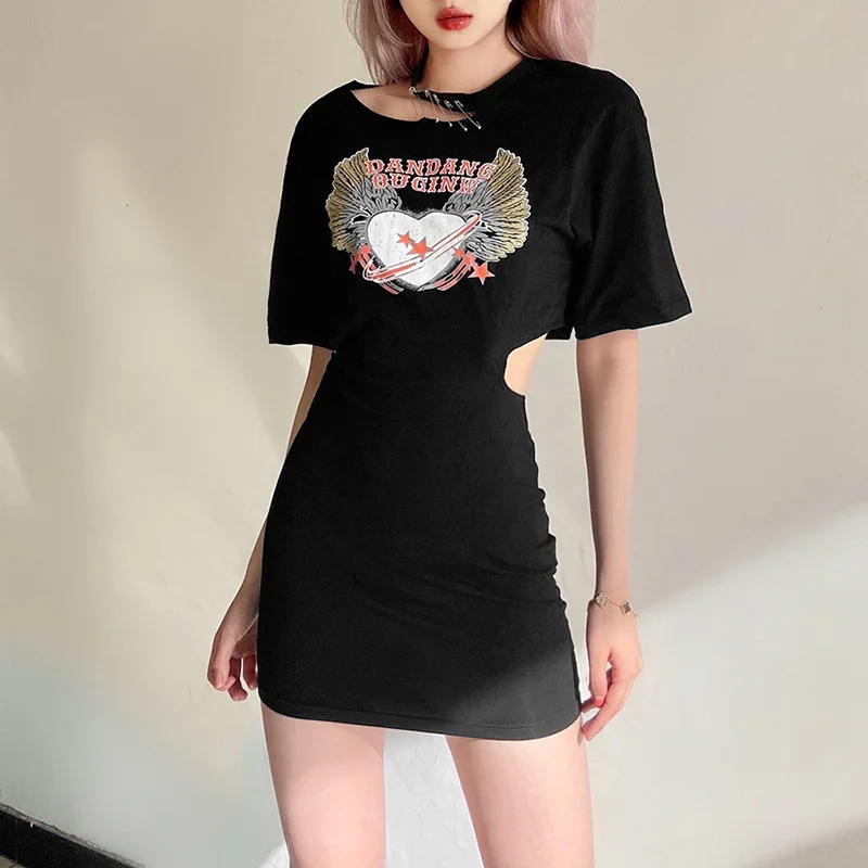 

Women Sexy Hollow Out Mini Dress Printed Solid Color Bodycon High Waist Dress Streetwear Party Outfits Female Clothing