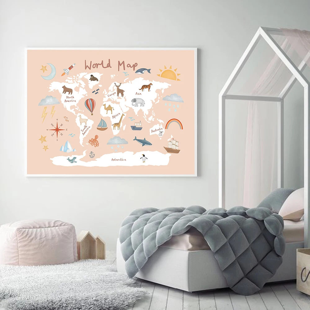 

Home Decor Interior Decoration World Map Woodland Animal Poster with Animal Canvas Painting Picture for Kids Room Decor Wall Art