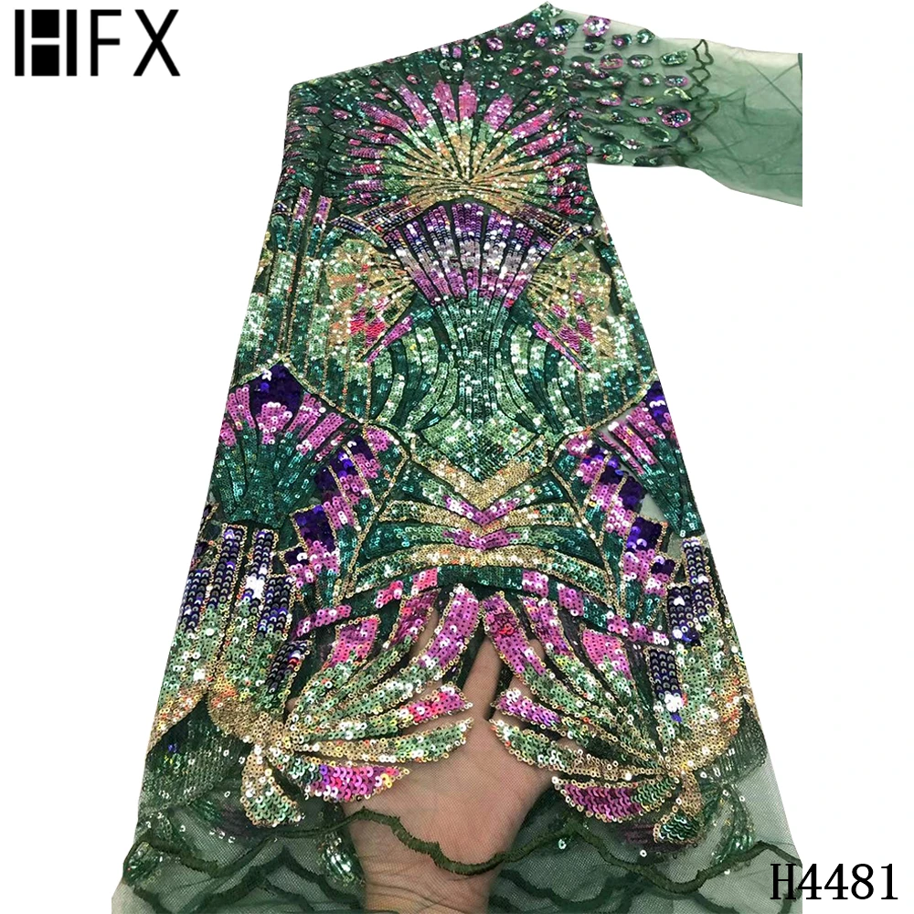 

HFX High Quality Sequins Lace Fabric 2021 Latest African Sequence Lace Fabric For Bridal Dress Nigerian Net Lace Fabrics F4481