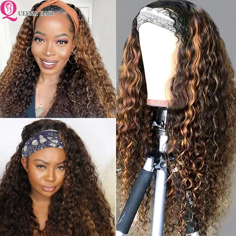 

Brazilian Human Hair Wigs Ombre Highlight Headbands For Women No Glue Water Wave Headband Wig Remy 150% Highlight Wig Queena