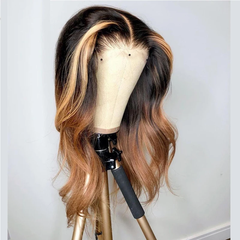 

Remy Body Wavy Highlight Color Human Hair Adjustable Strap Transparent Lace Front Wig For Black WOmen With Baby Hair 180%Density