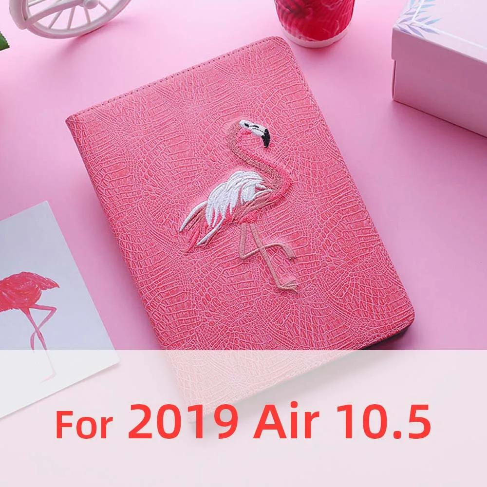 For 2019 Air 10.5 3D фламинго на плоской подошве с вышивкой Чехлы для iPad Pro 10,5 IPad Air 1 2 IPad Mini 3 4 5 A1476 A1822 A1538 тонкий мягкий чехол с откидной крышкой в виде ракушки Стенд кожаный чехол - Цвет: For 2019 Air 10.5