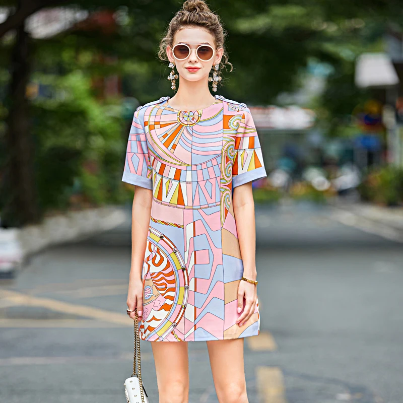

DIDABOLE Women'S Mini Dress Summer New Designer High Quality Round Neck Print Fashion Diamond Vintage Elegant Party Dresses