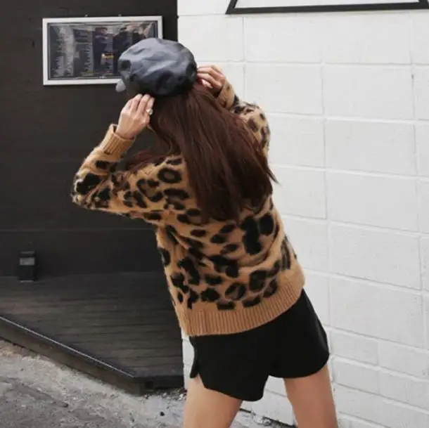 Женские винтажные леопардовые кашемировые свитера с длинными рукавами и круглым