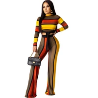 sexy 2 two piece set top and pants autumn outfits casual tracksuit women long sleeve wide leg pants striped matching set outfits