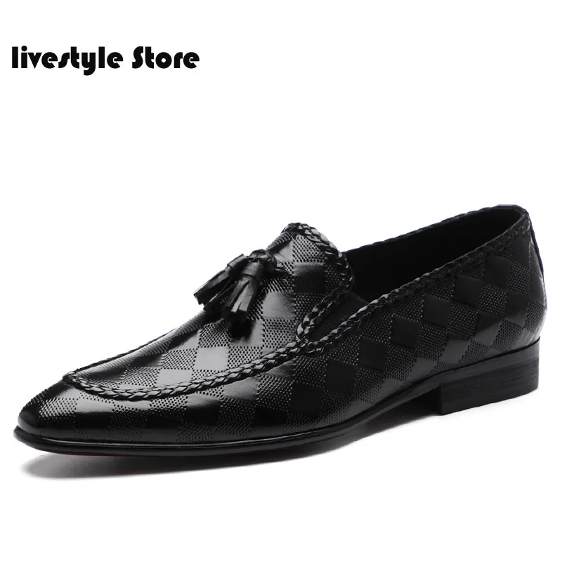 

2021 Mens Formal Shoes Genuine Leather Tassel Loafers Men Black 2020 Dress Shoes Wedding Shoes Slip On Leather Brogues
